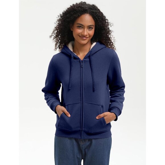 Women's Fleece Lined Zip Up Hoodie Cotton Blend Cozy Warm Jacket - Picture 3 of 6